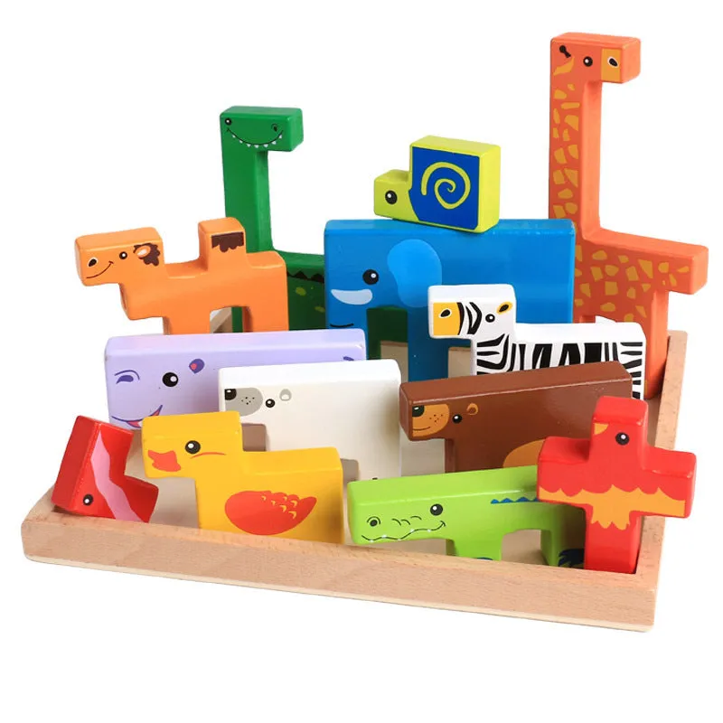 Set of beech wood 3D animal stacking building blocks in colour box for toddlers age 3 plus