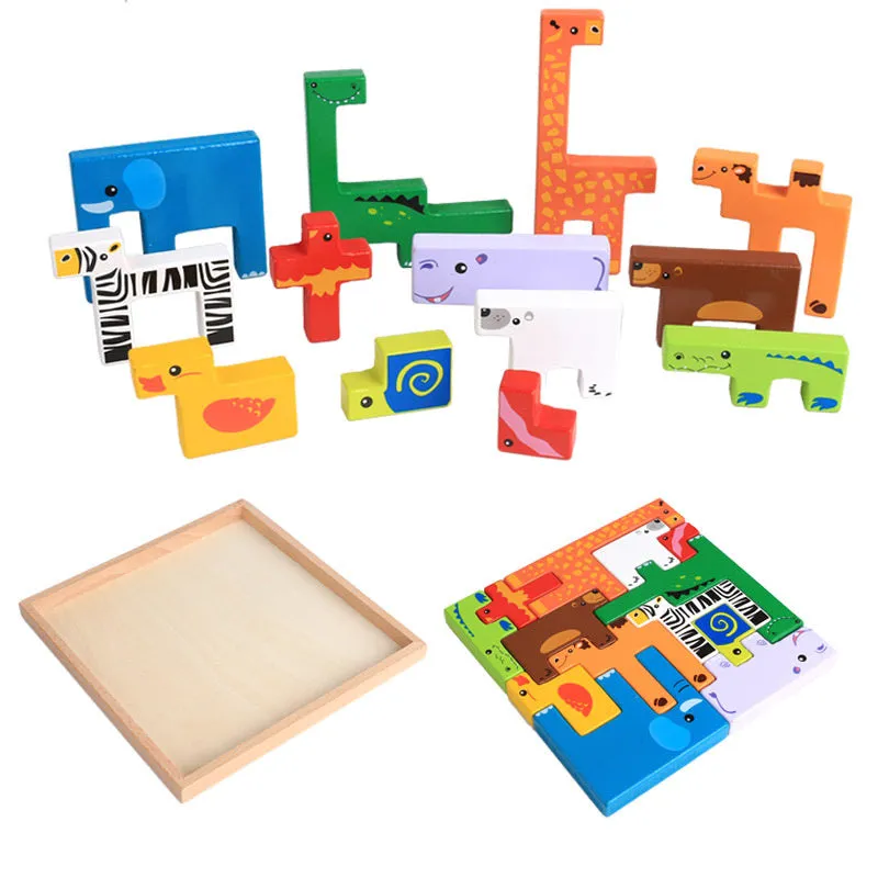 Set of beech wood 3D animal stacking building blocks in colour box for toddlers age 3 plus