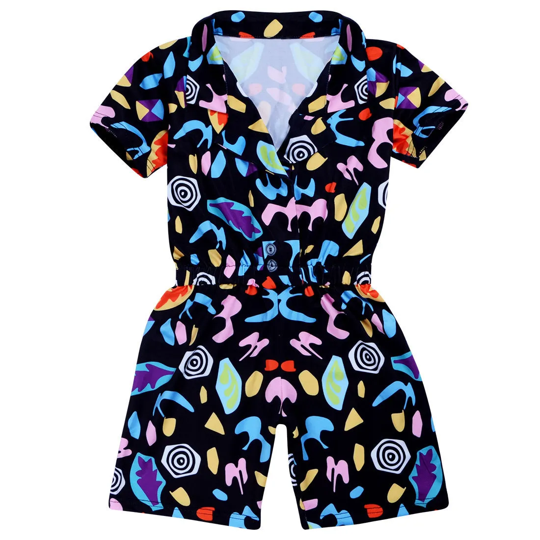 Girls cotton cartoon short sleeve jumpsuit in black, available in six height sizes from 120cm to 170cm