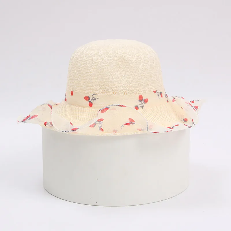 Princess straw hat for children aged 2-7 in beige with wide brim for sun protection