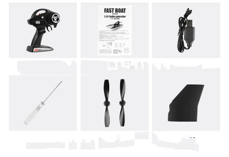 Black plastic high-speed 2.4G remote control toy boat with handle remote and spare propellers