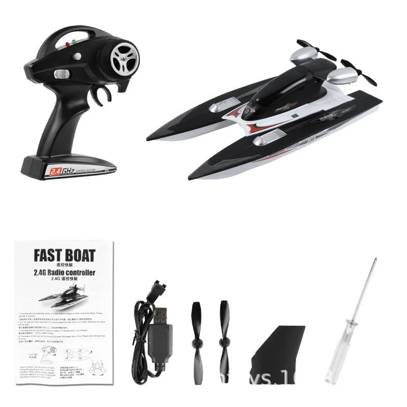 Black plastic high-speed 2.4G remote control toy boat with handle remote and spare propellers