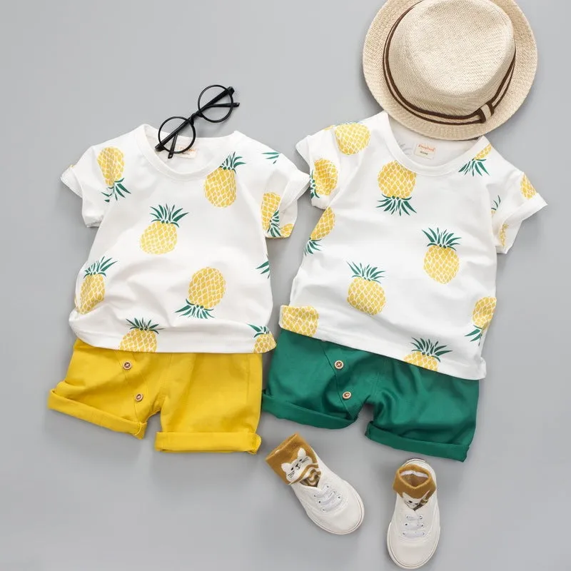 Summer kids cotton short-sleeved T-shirt and shorts two-piece suit in pineapple yellow, sizes 80-120cm