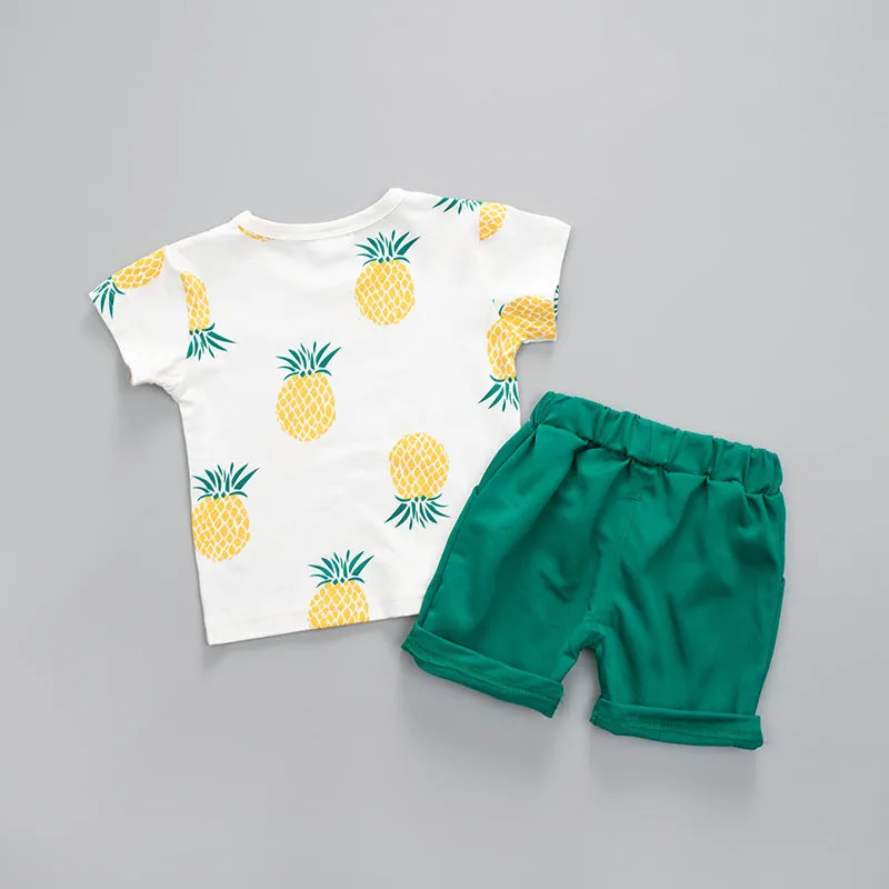 Summer kids cotton short-sleeved T-shirt and shorts two-piece suit in pineapple yellow, sizes 80-120cm