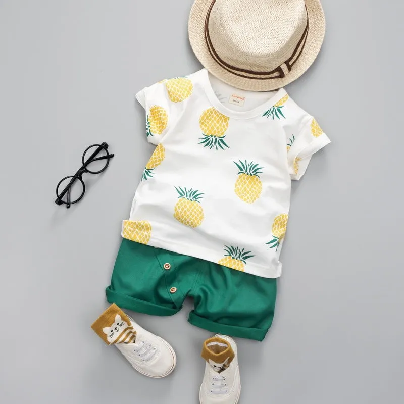 Summer kids cotton short-sleeved T-shirt and shorts two-piece suit in pineapple yellow, sizes 80-120cm
