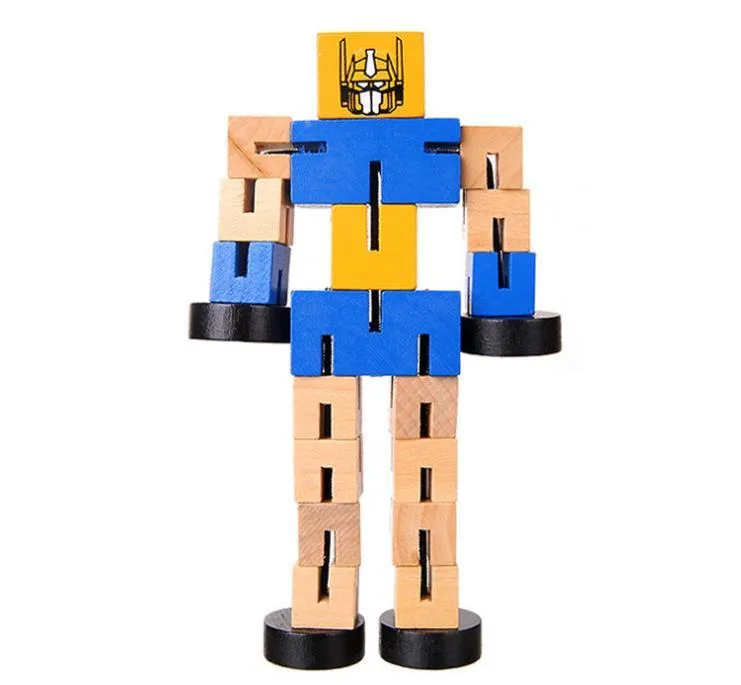 Wooden robot 3D puzzle pieces in blue, green, orange red, and red colours on a table