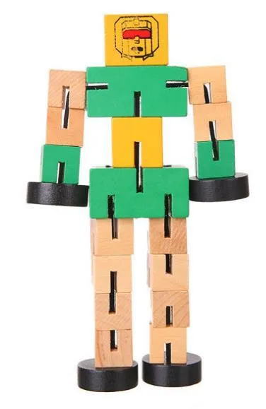 Wooden robot 3D puzzle pieces in blue, green, orange red, and red colours on a table