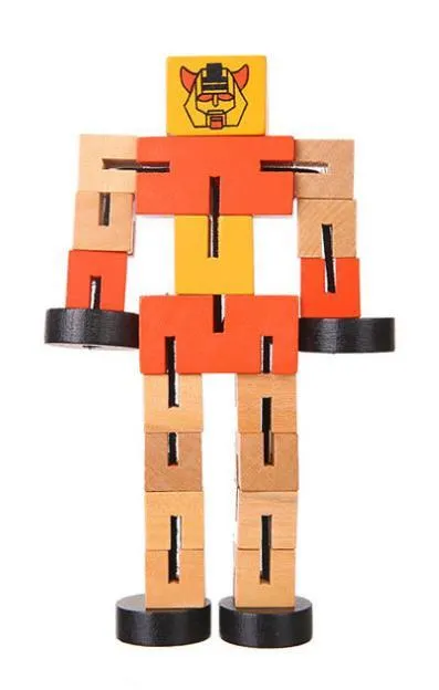 Wooden robot 3D puzzle pieces in blue, green, orange red, and red colours on a table