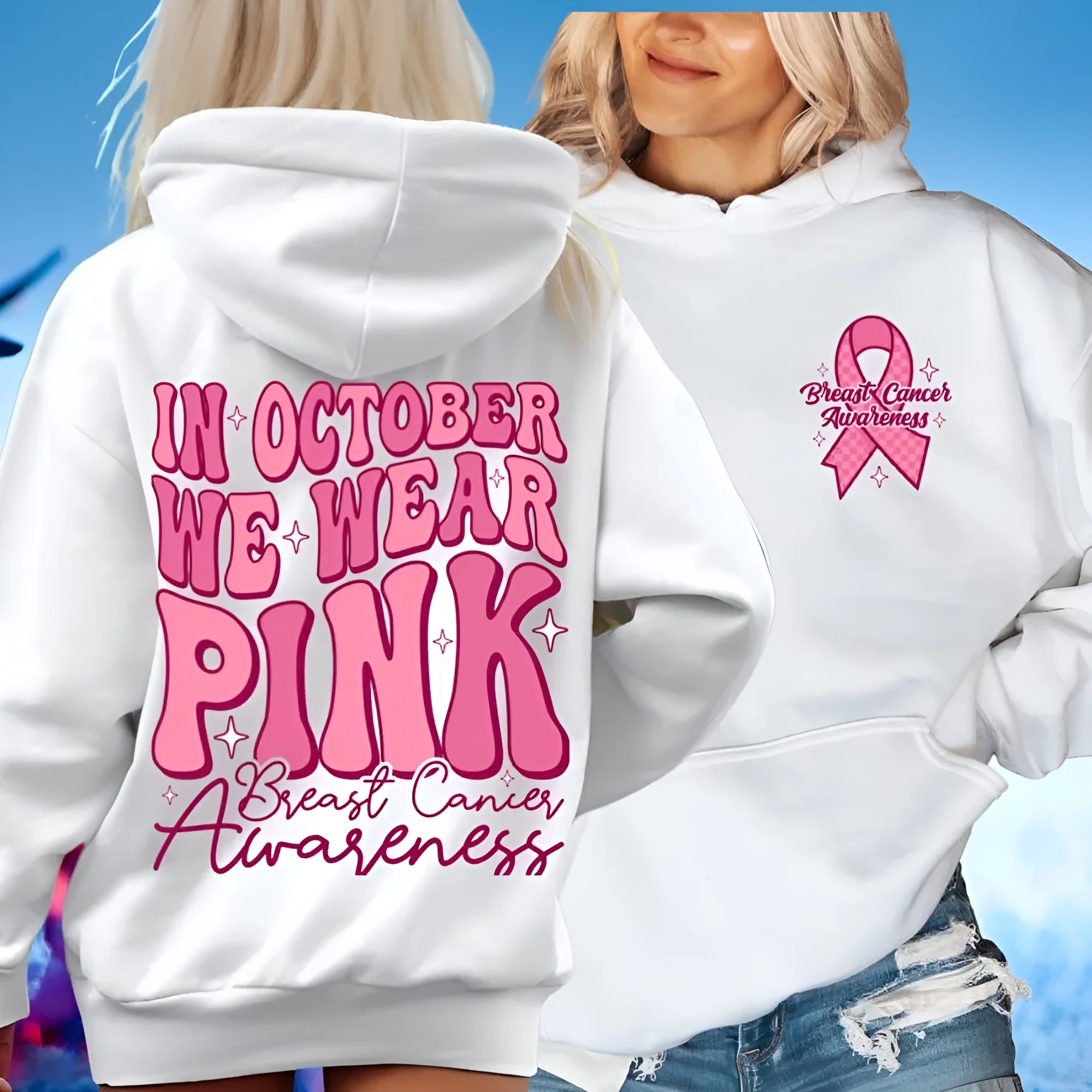 Breast cancer awareness pullover hoodie with retro hot stamp design and side seam pocket in pink, white, khaki, or black.