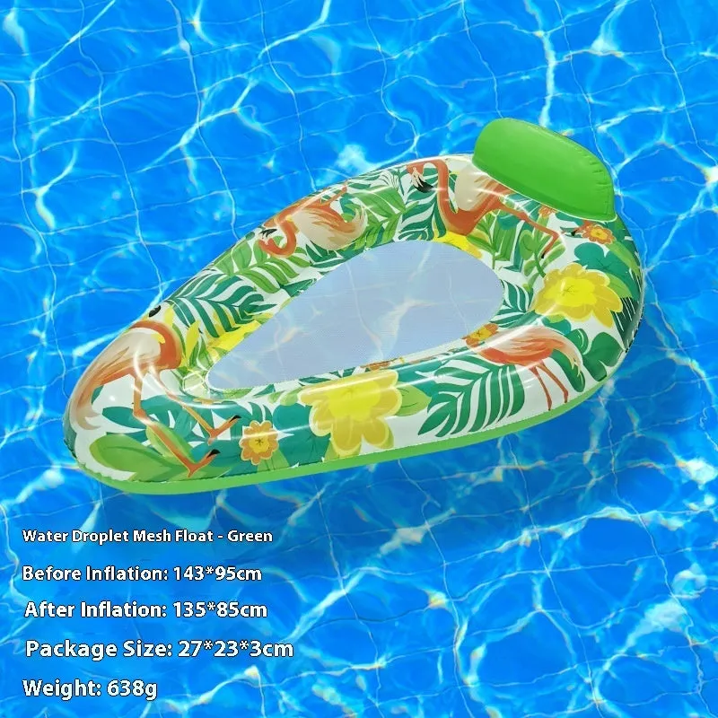 Inflatable floating row pool lounger in thick PVC showing gradient colour and sequinned design options.