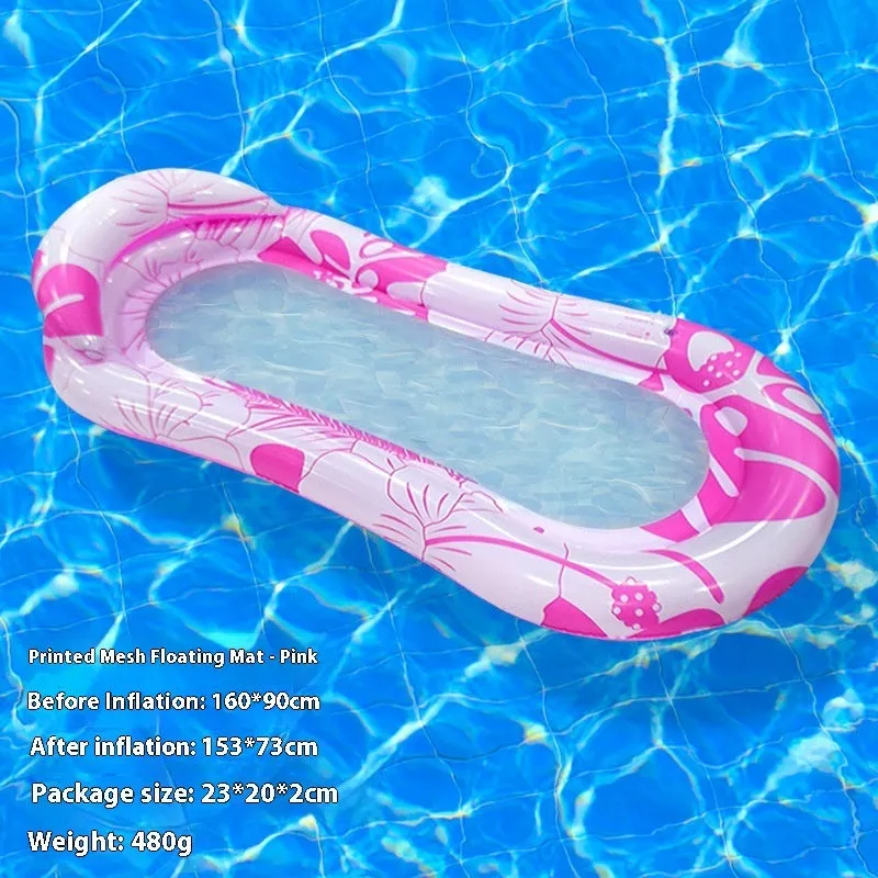 Inflatable floating row pool lounger in thick PVC showing gradient colour and sequinned design options.