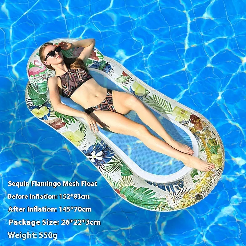 Inflatable floating row pool lounger in thick PVC showing gradient colour and sequinned design options.