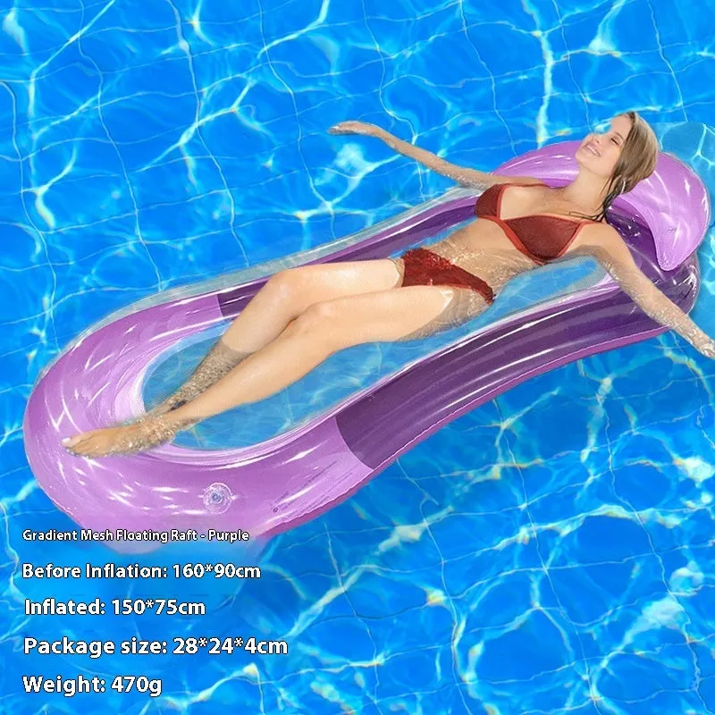 Inflatable floating row pool lounger in thick PVC showing gradient colour and sequinned design options.