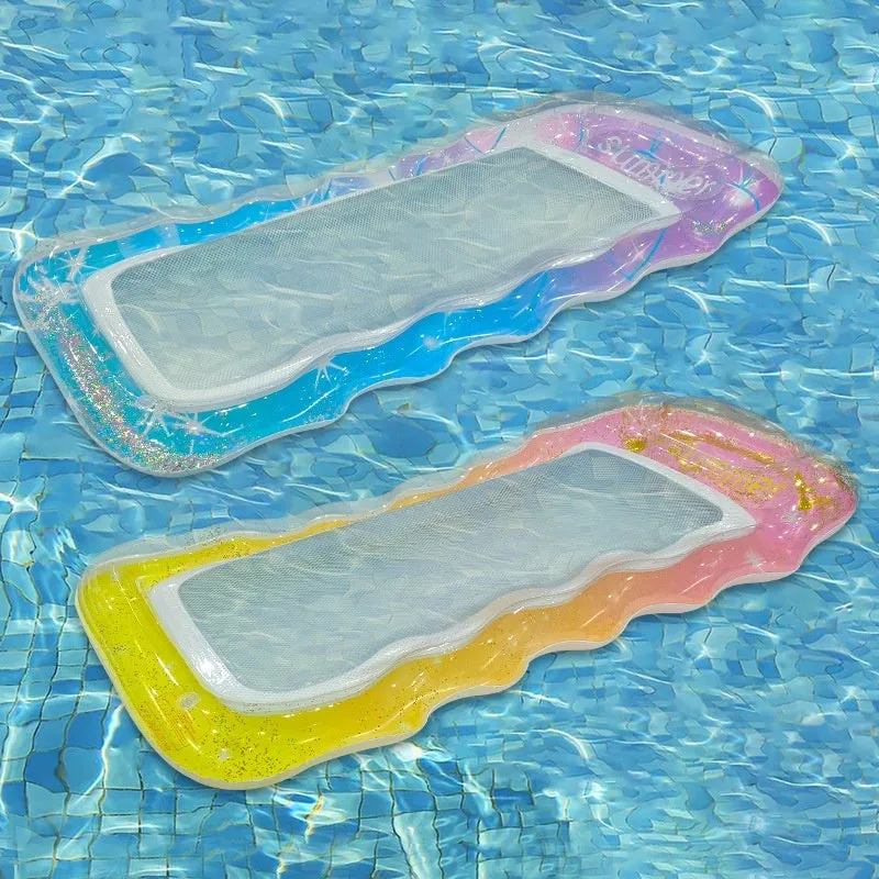 Inflatable floating row pool lounger in thick PVC showing gradient colour and sequinned design options.