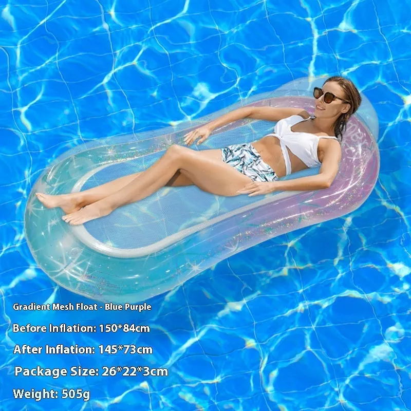 Inflatable floating row pool lounger in thick PVC showing gradient colour and sequinned design options.