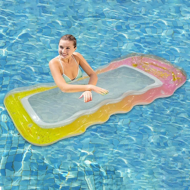 Inflatable floating row pool lounger in thick PVC showing gradient colour and sequinned design options.