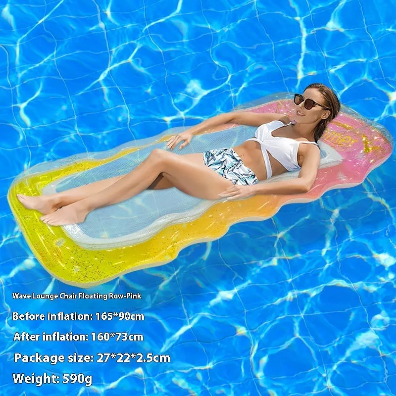 Inflatable floating row pool lounger in thick PVC showing gradient colour and sequinned design options.