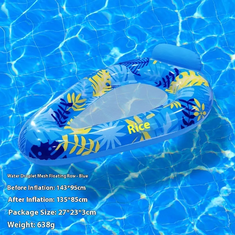 Inflatable floating row pool lounger in thick PVC showing gradient colour and sequinned design options.