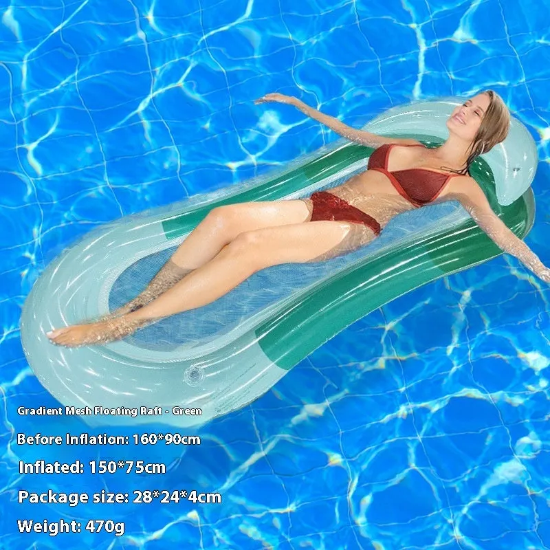 Inflatable floating row pool lounger in thick PVC showing gradient colour and sequinned design options.