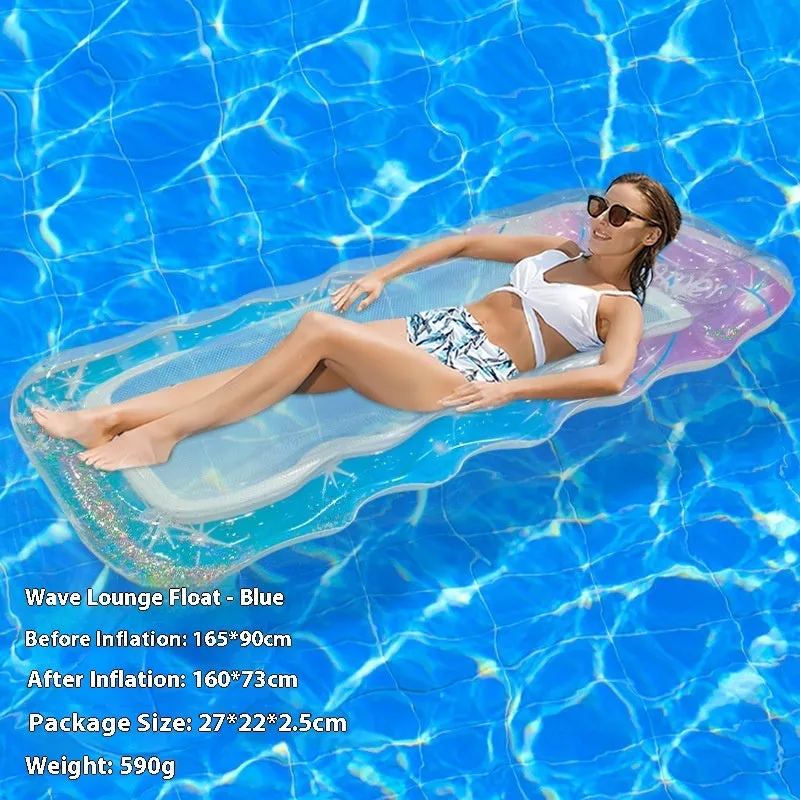 Inflatable floating row pool lounger in thick PVC showing gradient colour and sequinned design options.