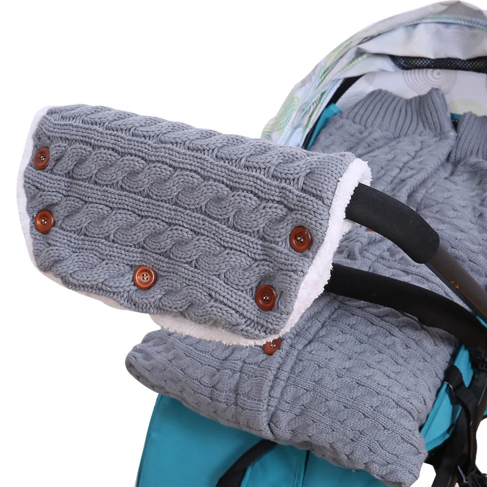 Baby sleeping bag in beige with pram handrail set and matching gloves