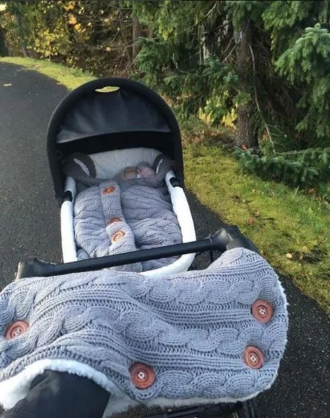 Baby sleeping bag in beige with pram handrail set and matching gloves