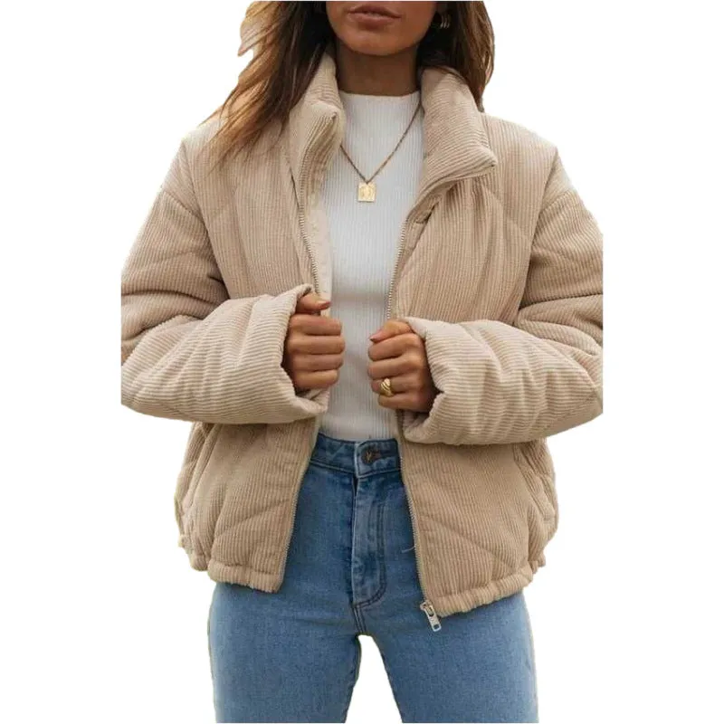 Women's apricot corduroy jacket with stand collar and full-length zip, wadded construction