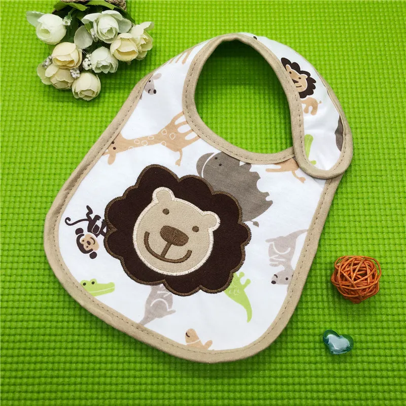 Three-layer waterproof polyester cotton baby bib with cartoon animal pattern in blue car design