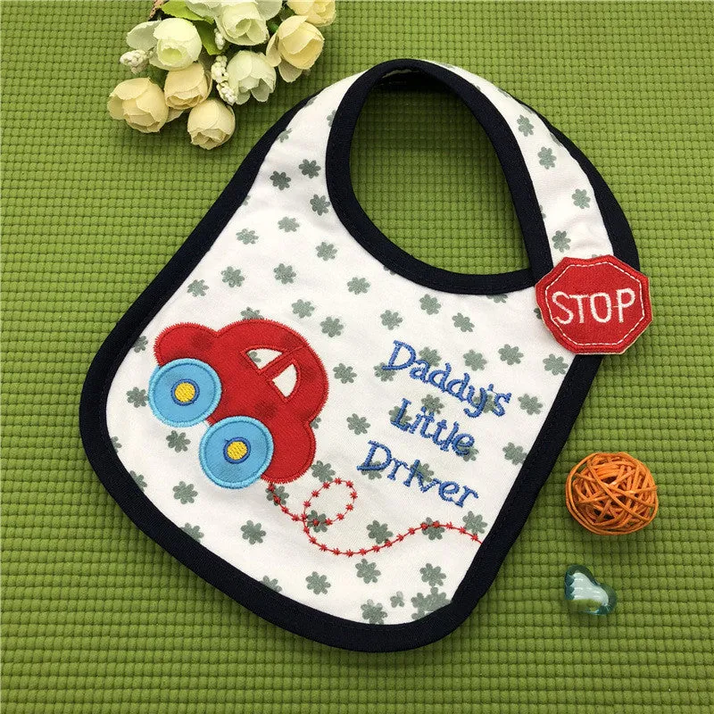 Three-layer waterproof polyester cotton baby bib with cartoon animal pattern in blue car design