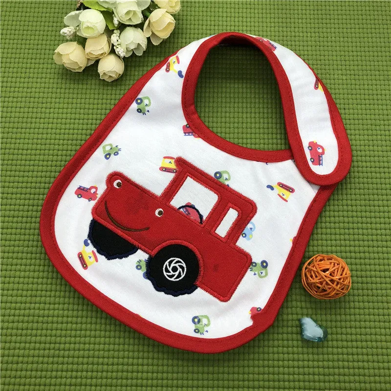 Three-layer waterproof polyester cotton baby bib with cartoon animal pattern in blue car design