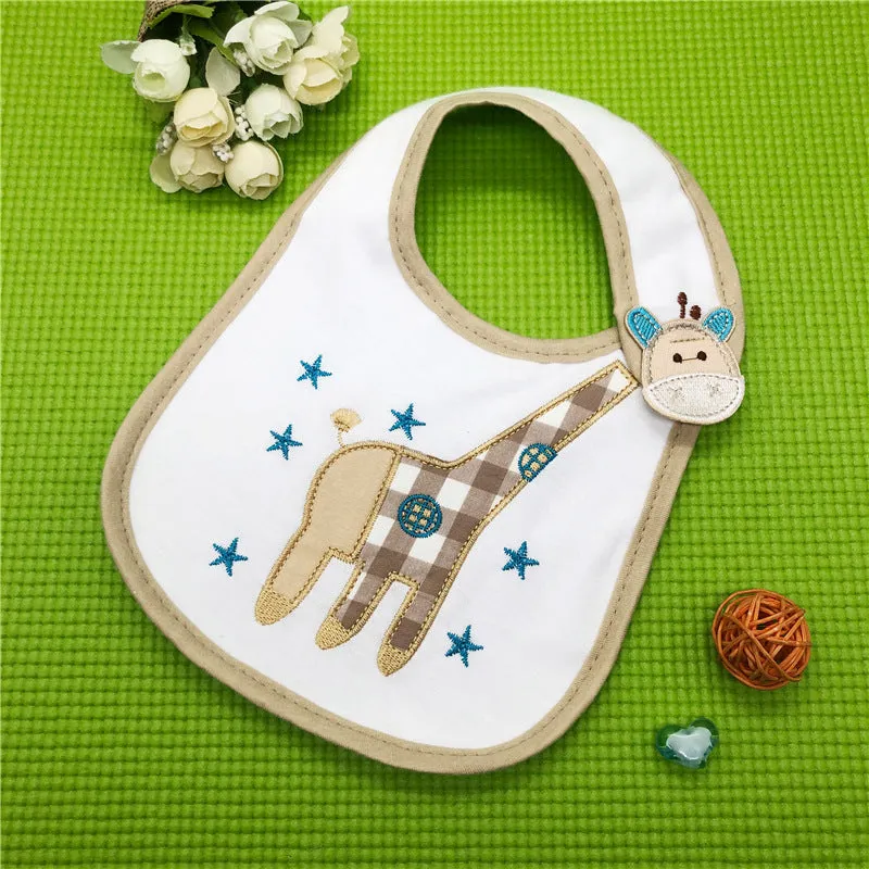 Three-layer waterproof polyester cotton baby bib with cartoon animal pattern in blue car design