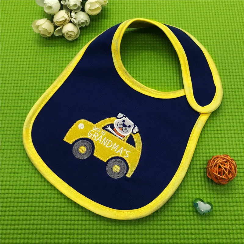 Three-layer waterproof polyester cotton baby bib with cartoon animal pattern in blue car design