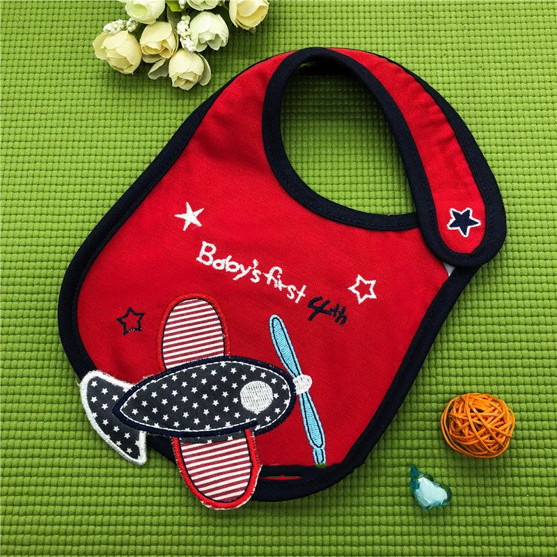 Three-layer waterproof polyester cotton baby bib with cartoon animal pattern in blue car design
