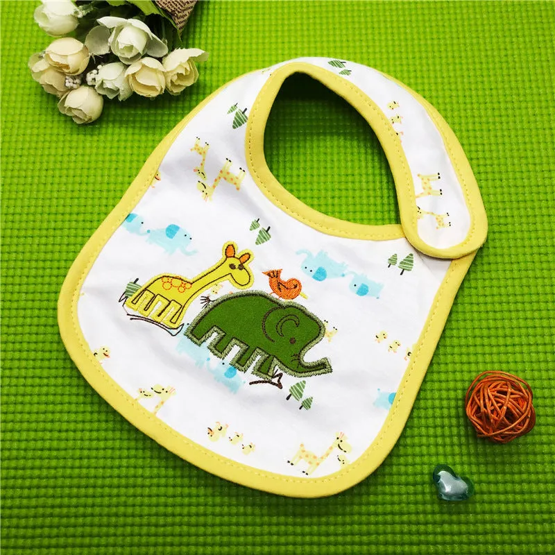 Three-layer waterproof polyester cotton baby bib with cartoon animal pattern in blue car design