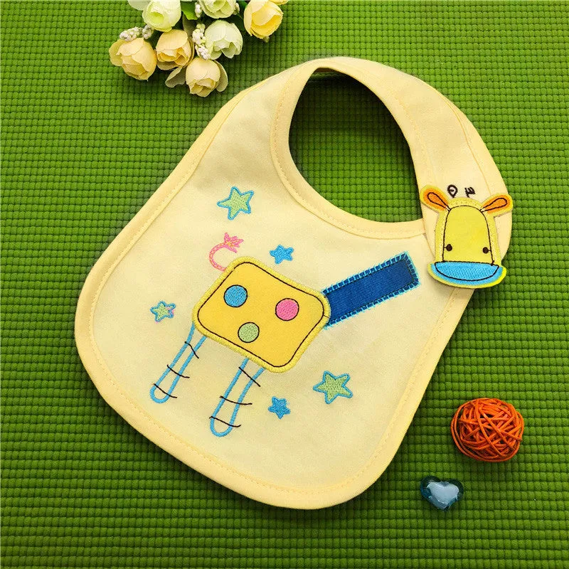 Three-layer waterproof polyester cotton baby bib with cartoon animal pattern in blue car design