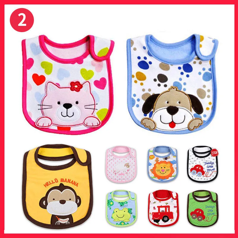 Three-layer waterproof polyester cotton baby bib with cartoon animal pattern in blue car design