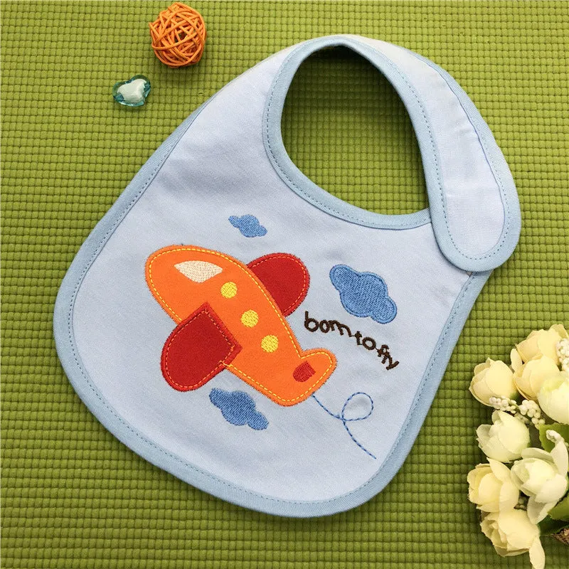 Three-layer waterproof polyester cotton baby bib with cartoon animal pattern in blue car design