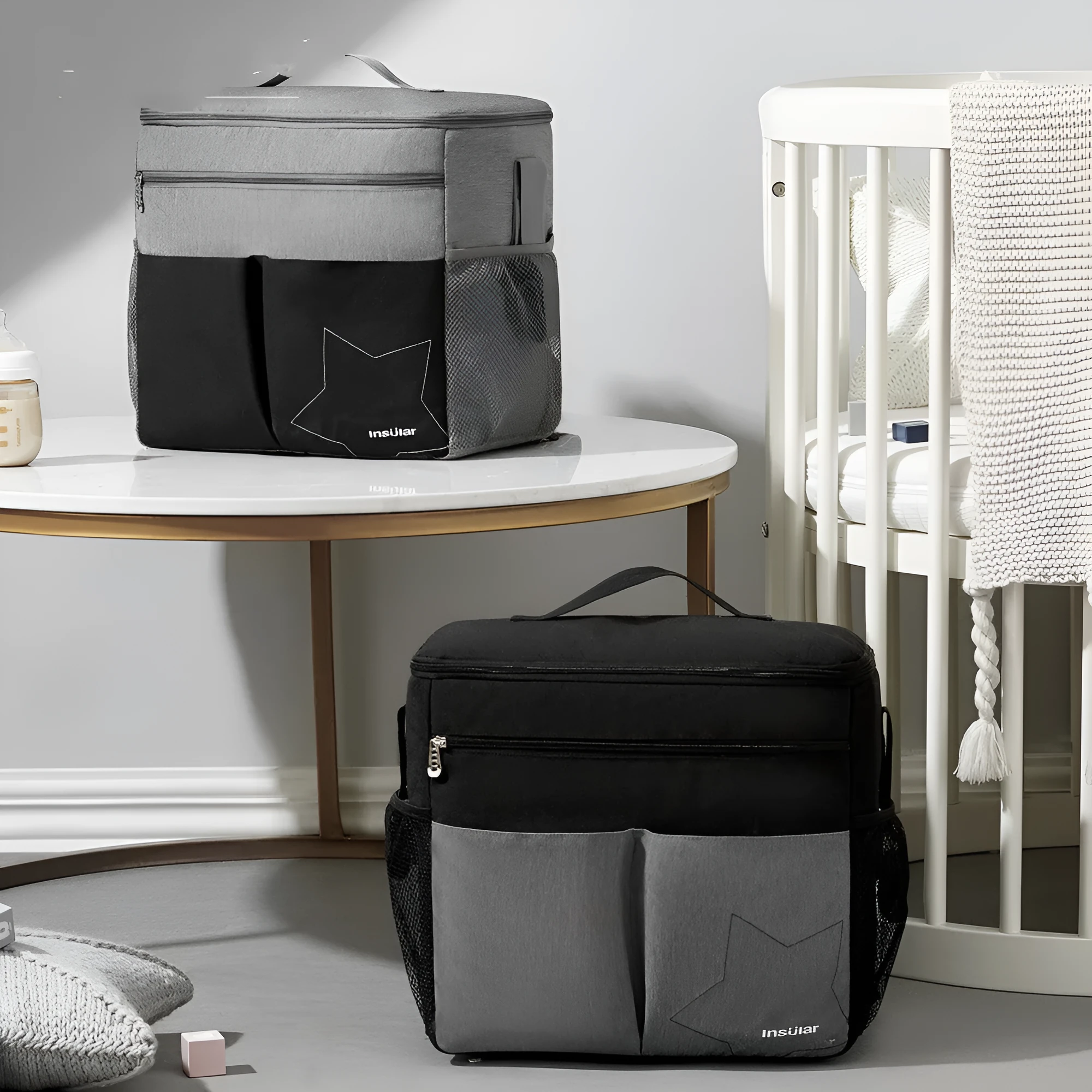 Nylon waterproof mommy bag backpack in solid colour with folds design, shoulder strap, and front open pocket