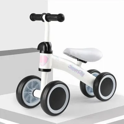 Plastic no-pedal baby balance bike with three wheels, carbon steel frame, EVA foam tyres, and artificial PU leather seat