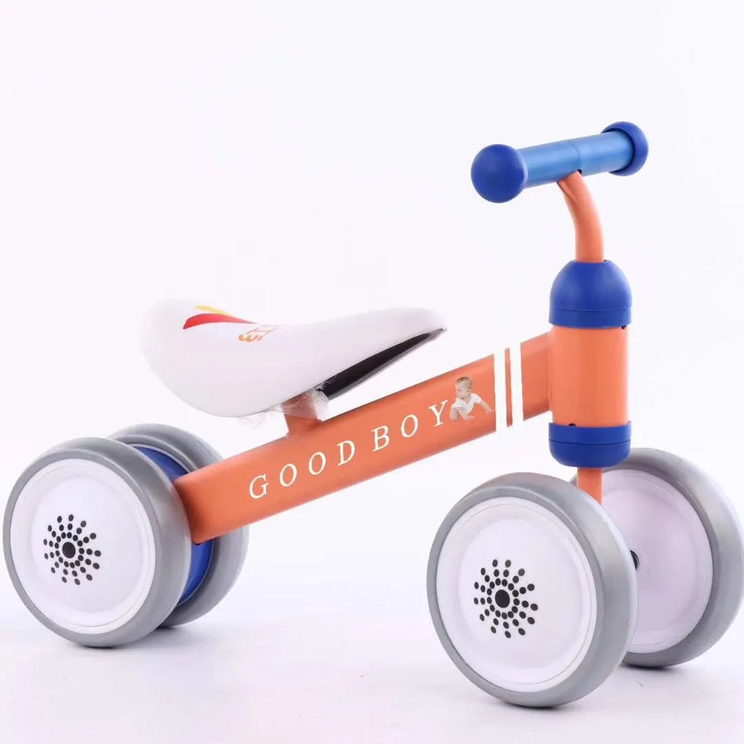 Plastic no-pedal baby balance bike with three wheels, carbon steel frame, EVA foam tyres, and artificial PU leather seat