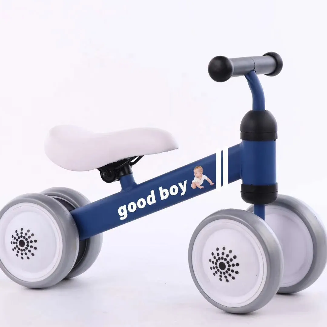Plastic no-pedal baby balance bike with three wheels, carbon steel frame, EVA foam tyres, and artificial PU leather seat