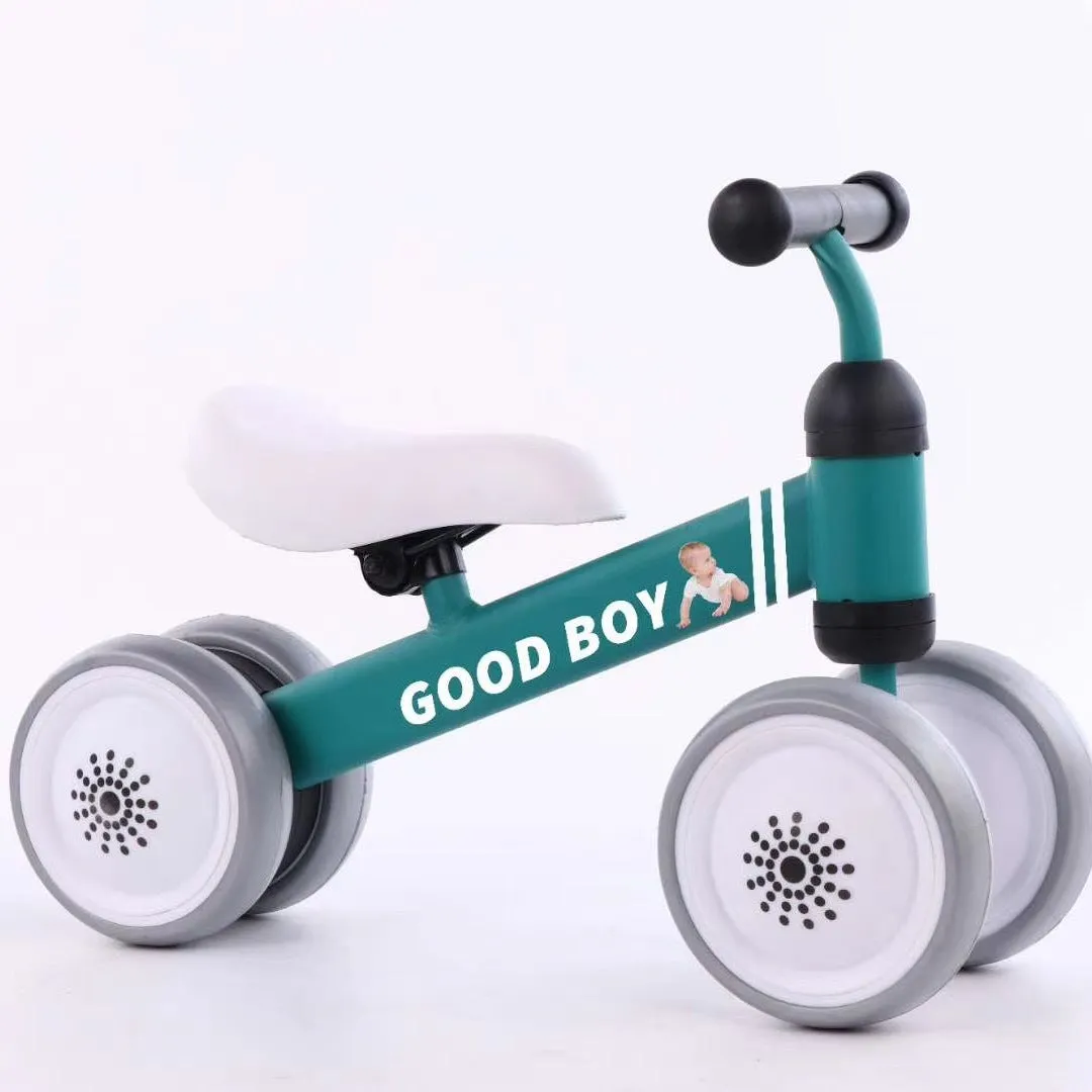 Plastic no-pedal baby balance bike with three wheels, carbon steel frame, EVA foam tyres, and artificial PU leather seat