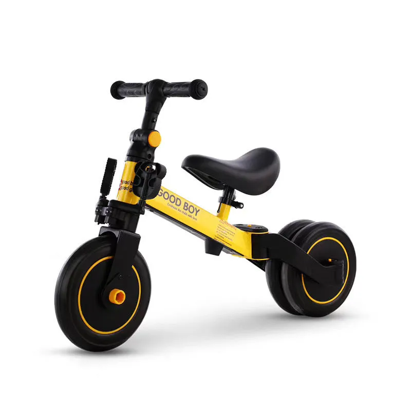 Plastic no-pedal baby balance bike with three wheels, carbon steel frame, EVA foam tyres, and artificial PU leather seat