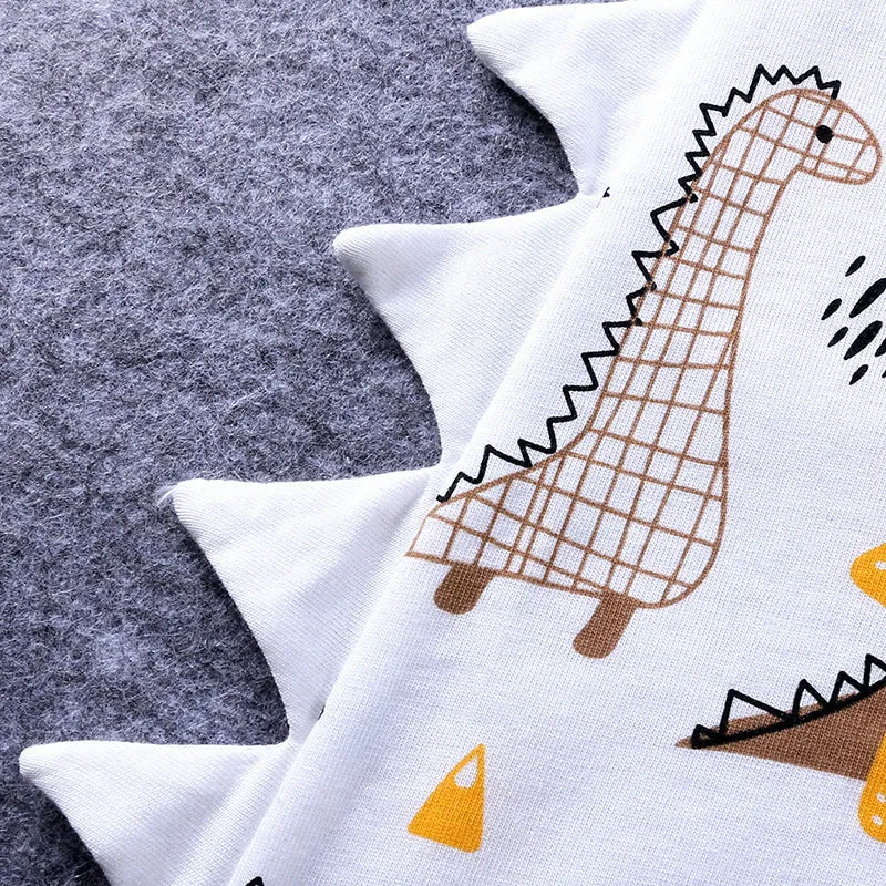 Cartoon dinosaur print short-sleeved cotton baby romper in white and blue, suitable for summer, sizes 66-90 cm