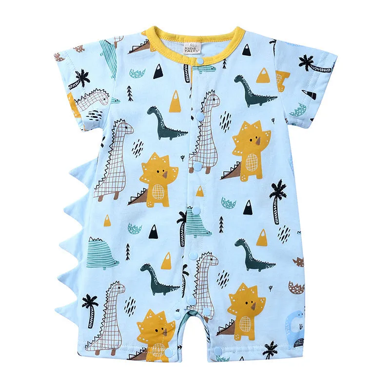Cartoon dinosaur print short-sleeved cotton baby romper in white and blue, suitable for summer, sizes 66-90 cm