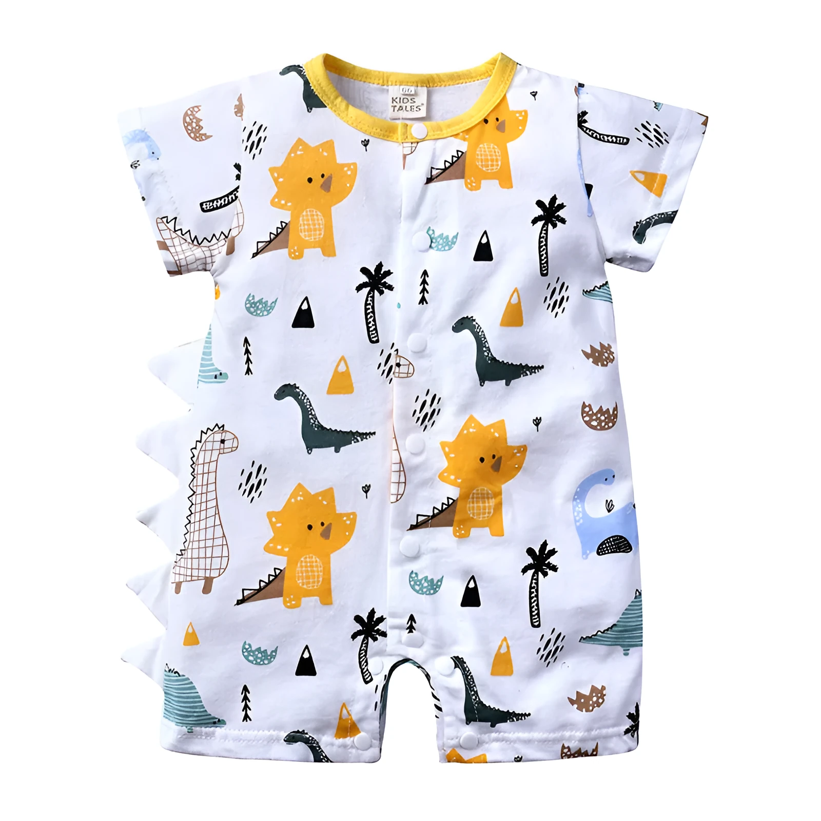 Cartoon dinosaur print short-sleeved cotton baby romper in white and blue, suitable for summer, sizes 66-90 cm