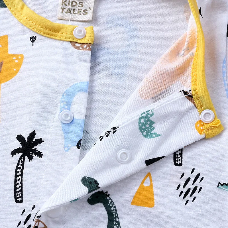 Cartoon dinosaur print short-sleeved cotton baby romper in white and blue, suitable for summer, sizes 66-90 cm