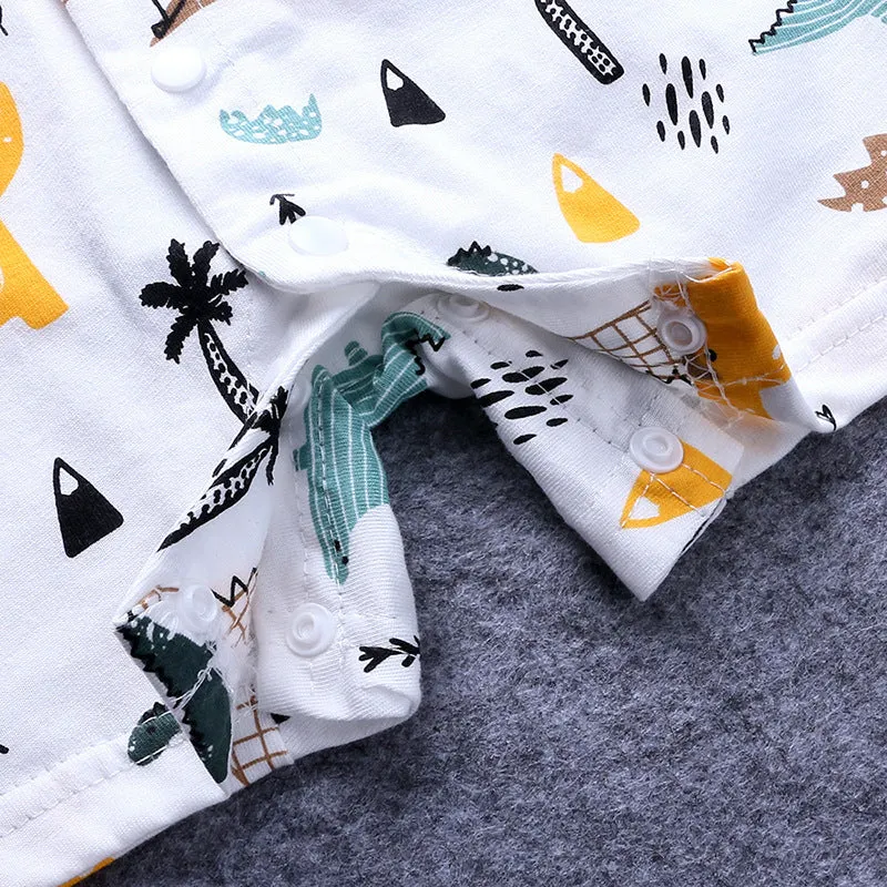Cartoon dinosaur print short-sleeved cotton baby romper in white and blue, suitable for summer, sizes 66-90 cm