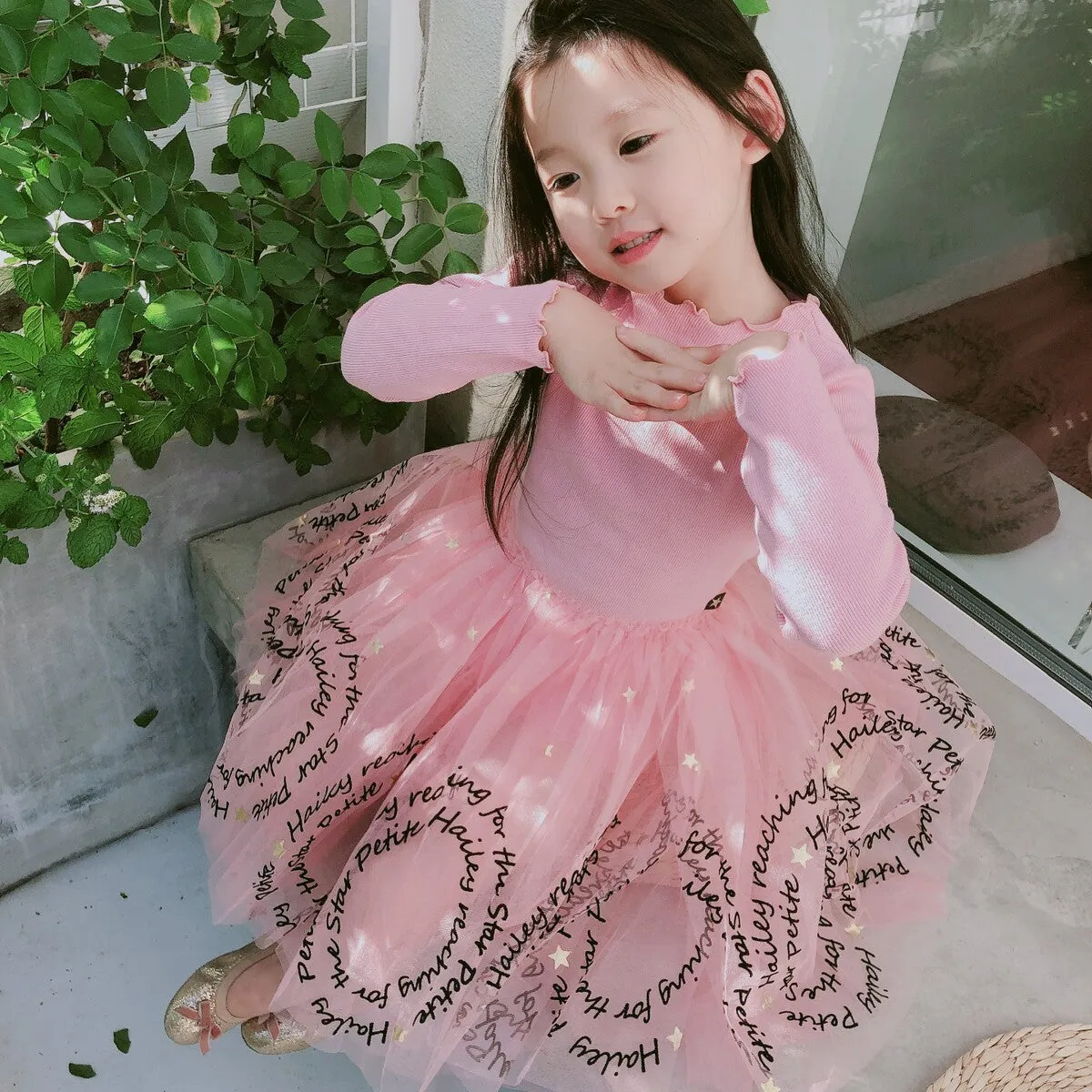 Cotton girls' princess dress with long sleeves in pink for children 3-8 years, 90-140cm