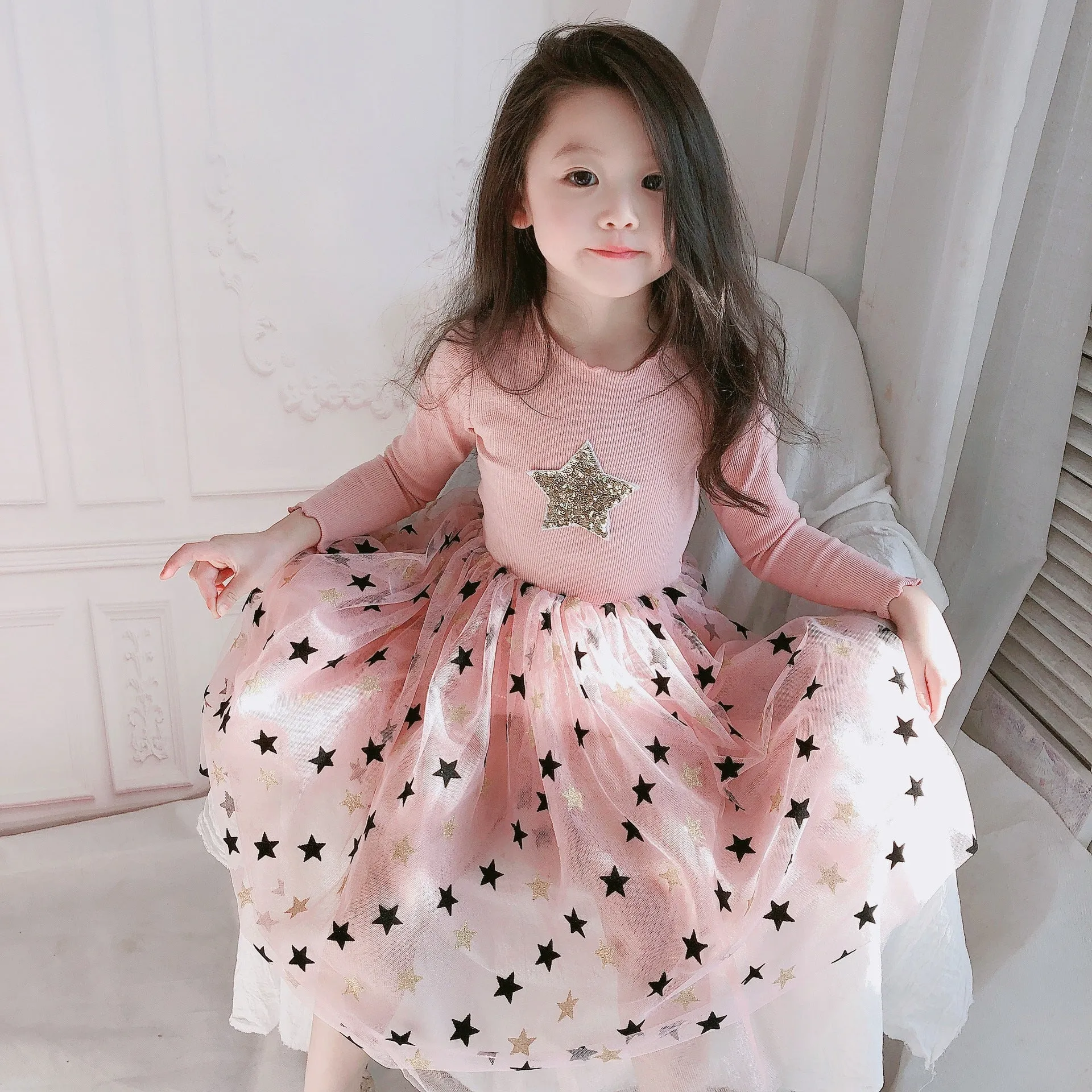 Cotton girls' princess dress with long sleeves in pink for children 3-8 years, 90-140cm
